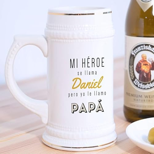 Wanapix | Jarra Cerveza Personalizada | Jarra Cerveza Alemana | Cerámica | 580 ml | Apta Lavavajillas | Regalo Original | Papá héroe