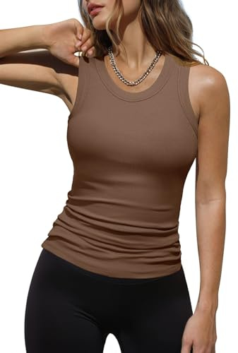 Dokotoo Womens Ladies Athletic Basic Ribbed Thick Strap High Neck Racerback Tight Slimming Fitted Sleeveless Shirts Sports Workout Long Tank Tops for Women Activewear Tops Desert Palm S