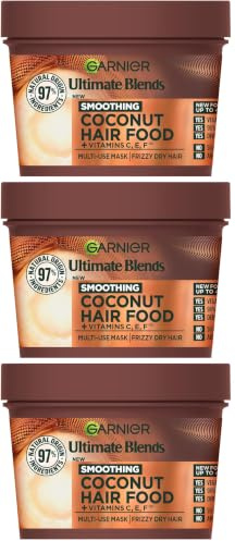 Garnier Hair Food 3-in-1 Hair Treatment Mask, Smooths and Nourishes, For Frizzy & Curly Hair, No Silicones, Vegan Formula, Coconut Oil, Ultimate Blends, 400ml (Pack of 3)