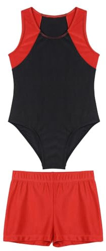 Yruioon Kinder Jungen Turnanzug Gymnastikanzug Ärmellos Ballettanzug Ballett Trikot Leotard Sport Body mit Shorts Gym Turnen Sportwear Rot 170-176