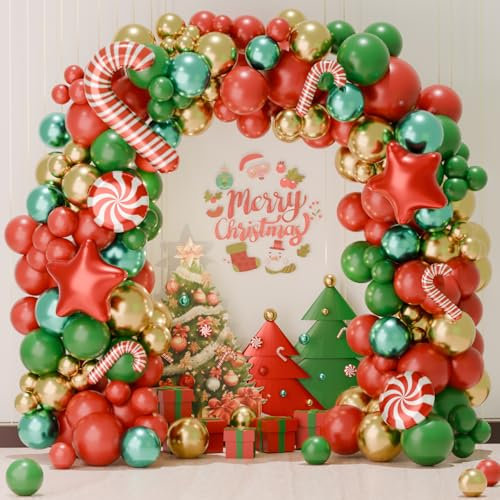 Kit Arco Palloncini Natalizi, 151pcs Ghirlanda Palloncini Natale Rosso Verde Oro con Palloncini Foil Bastoncino Di Zucchero Stella Caramella, Decorazione Natale Rosso Verde per Festa Natale Capodanno