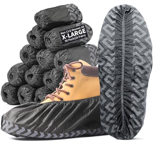 X-Large Shoe Covers Disposable Non-Slip, Non-Woven Fabric Boot Covers, Stretchable Fits Up to Size 13 US Men (Black, 50 Pack)