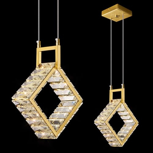 ZPBSJ mini luz de la isla de cocina moderna luz colgante de cristal LED de oro araña cuadrada 16W para el comedor Sala de estar Cocina Dormitorio Bar(1-Luz)