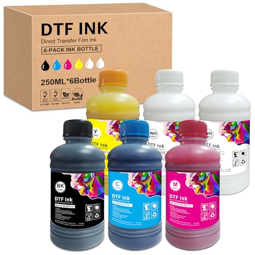Yongairuink DTF Ink 6x250ml Premium Pigment Ink for PET Film Thermal Transfer Refill Ink for All DTF printers with Print Heads such as DX5 DX7 5113 XP600 I3200 etc (6 pack)