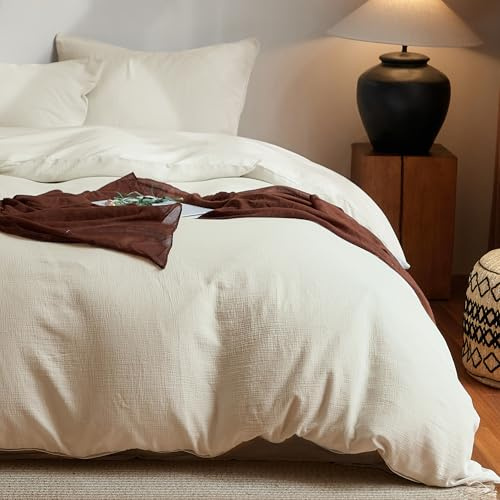Simple&Opulence Muslin Duvet Cover Set, 100% Washed Cotton Duvet Cover for All Seasons, 3 Pieces Linen Like Gauze Comforter Cover with 2 Pillow Shams, Queen, 88x92, Khaki