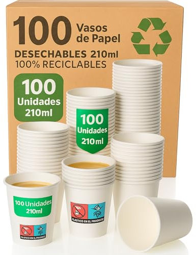 IAMI 100 Vasos de Papel Desechables 210ml Blancos - Resistentes y a prueba de fugas - Vasos Desechables para Café, Té y Bebidas Frías - Sin Olores - Vasos Desechables