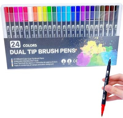 JUKOTA Set de stylos à double pointe, 24 couleurs de feutres pour adultes, feutres épais et fins, pour bullet journal, livres de coloriage, lettrage à la main, feutres mandala, feutres de coloriage