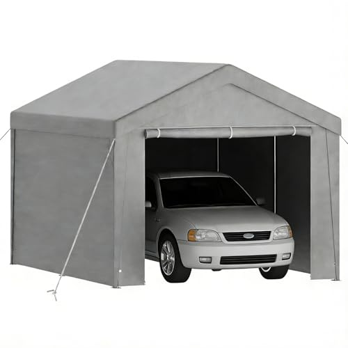 Ferzone Tente de Garage 3x4m, Carport Abri Voiture avec Bâche PE & Porte Enroulable, Tente de Stockage Pliant Exterieur avec Parois Latérales Amovibles pour Moto Vélos Outils, Gris