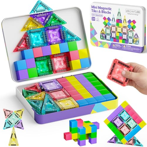 burgkidz Jeu de Construction Magnétique de Voyage 48 Pièces, Ensemble de Tuiles et Blocs Magnétiques 2 en 1, Jouets STEM Éducatifs avec Boîte de Rangement, Cadeau STEM éducatif pour Enfants 3-8 Ans
