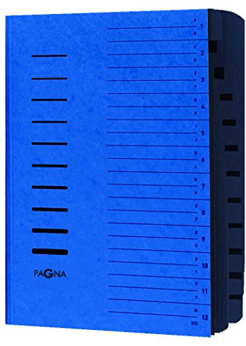 Pagna 24122–02 Trieur 12 pièces Press Span, Élastiques de fermeture, poignée onglet Noir Imprimé 1–12/A à Z sur le couvercle, bleu