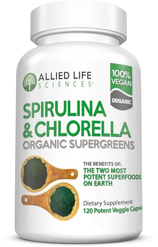 Allied Life Spirulina and Chlorella | Organic Chlorophyll Vegan Protein Powder Green Superfood | 120 Capsules