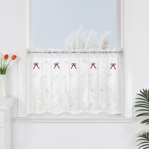 Yujiao Mao Amerikanisches Land Art gestickten Gaze Vorhang Bistrogardine Küchengardine Scheibengardine, BxH 90x45cm, Weiss