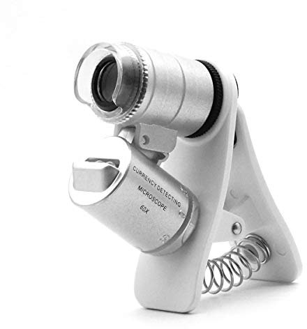 QiCheng&LYS Lupa de microscopio con zoom de 60x, LED + luz UV microlente con clip para teléfonos móviles universales, abrazadera universal para teléfono, gafas monoculares (clip de 60x)