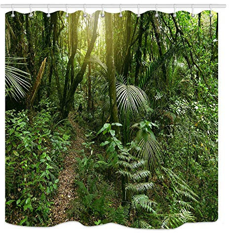 JOOCAR Design Shower Curtain, Tropical Rainforest Lush Green Foliage in Jungle, Waterproof Cloth Fabric Bathroom Decor Set with Hooks
