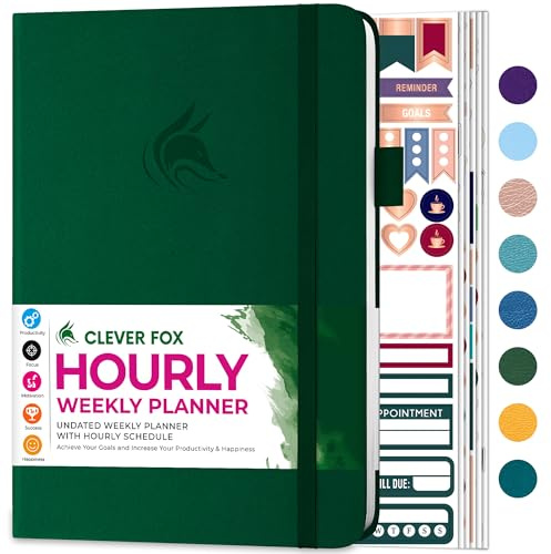 Clever Fox Planner Hourly, Undated Weekly Daily Block Schedule Forest Green | A5 annual appointment book with time slots, 14.5 x 21.5 cm, Monthly calendars, Eco-leather hardcover, 120gsm paper