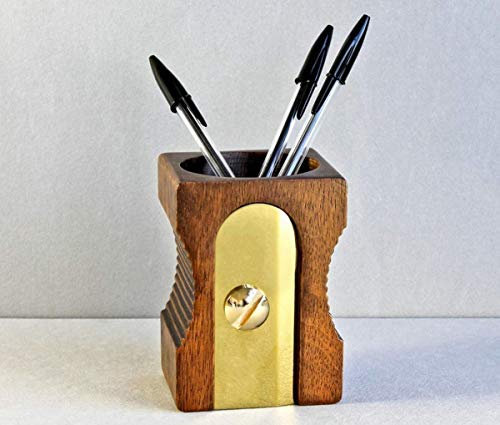 ZHONGJIUYUAN Pencil Sharpener Shape Wooden Desk Tidy and Stationary Holder/Pen Pot Dark Coffee