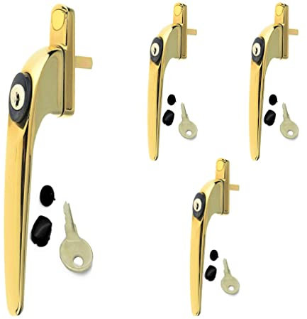 4 Heather UK Polished Upvc Window Handle Gold Double Glazing Universal Inline Espag Lockable Replacement Handles Windows Spindle With Lockable Universal Key Brass Fixing Screws Left or Right (4, Gold)