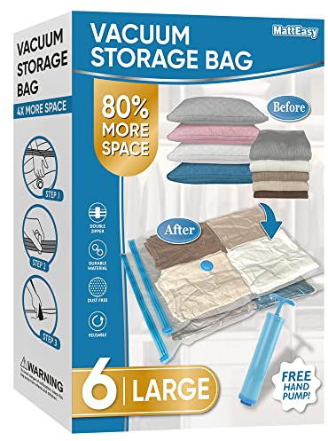 MattEasy Space Saver Vacuum Storage Bags, 6 Pack Large Space Saver Bags with Pump, Storage Vacuum Sealed Bags for Clothes, Comforters, Blankets, Bedding (Large)