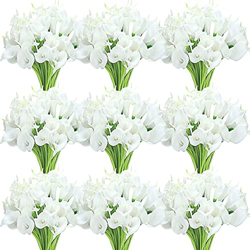 Janinka 60 Pcs Artificial Calla Lily Flowers Bulk Realistic Silk Calla Lilies Bouquet, 14 Inch Faux Flowers for Wedding, Home Decor, Party Centerpieces, Waterproof PU Material (White)