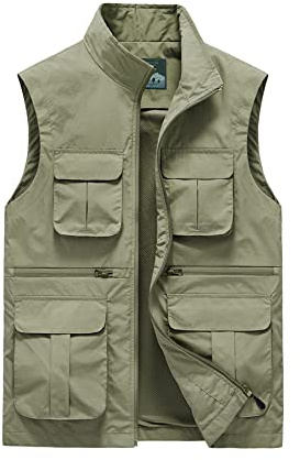 Btmpmcs herr utomhus Gilet snabbtorkande fiskeväst flera fickor last användbarhet safari väst jakt vandring ärmlös jacka andningsbar fotografi topp, A-khaki, L