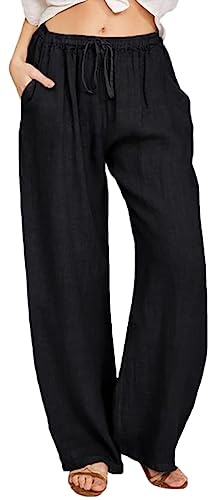WINKEEY Pantalones Casual Mujer Cordón Cintura Alta Pierna Ancha Suelta Pantalones Palazzo de Lino de Algodón con Bolsill (Negro,XXL)