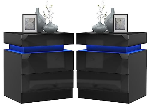 Lvhcmfohm Nachttisch Schwarz 2er Set, Nachtschrank mit Led Licht, Nachtkommode mit 2 Schubladen und Schränke mit Klappdeckel für Wohnzimmer, Schlafzimmer (45x35x52cm)