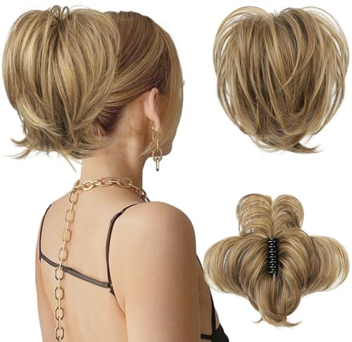 HOOJIH Messy Bun Hair Piece, Claw Clip in Straight Hair Bun 9 Inch Short Ponytail Extension with Bendable Metal Wire Hair Pieces for Women Fake Pony DIY Styles - Medium Brown with Blonde Highlights
