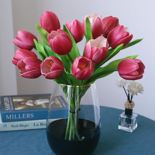 Buart Vinröda tulpanblommor konstgjord lyxig stor tulpan alla hjärtans dag mors dag påsk hem kök bröllopsdekorationer (11 st)