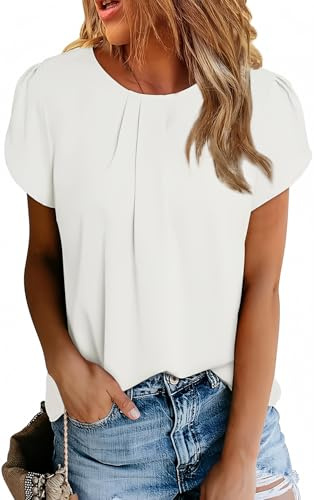 Dokotoo Womens Summer Tops Basic Pleated Casual Chiffon Blouse Crew Neck Solid Color Loose Short Cap Sleeve T-Shirts Casual Blouses for Women Dressy Business Loose Tops White M