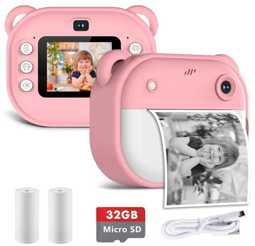 Kinderkamera Sofortbildkamera, 1080P Digitalkamera Kinder, Kamera Sofortdruck für Jungen Mädchen, Fotoapparat Fotokamera mit 32GB Karte und Druckpapier