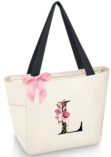 Vavabox Sac Cabas Personnalisé avec Initiale A-Z, Cadeau Imperméable pour Femmes, Demoiselles d'Honneur, Maman, Enseignantes, Amies (L, Blanc)