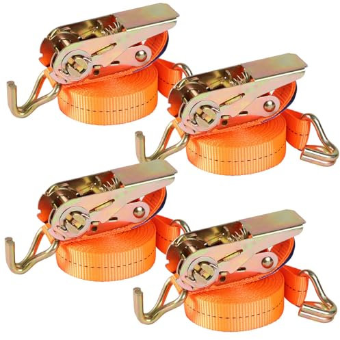 Pamatio 4 Pack 800 kg Ratchet Straps, Heavy Duty Tie Down Straps With J-Hooks, 5M x 2.5CM, Adjustable Tensioning Belt Lashing Strap For Van Trailer Cargo Motorcycle Load Securing (Orange)
