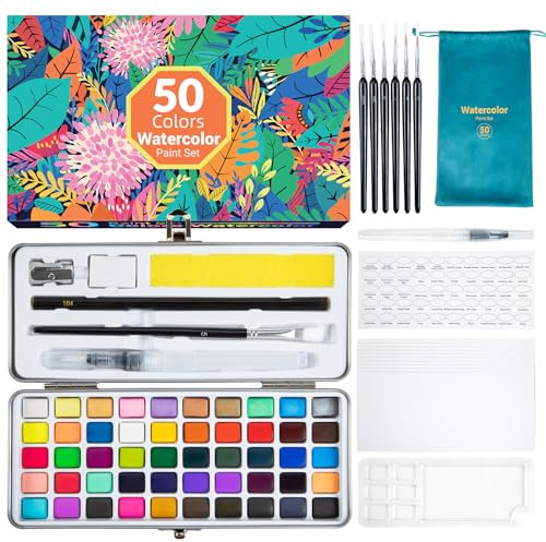 ANYUKE Aquarellfarben Wasserfarben Set 50 Farben in Tragbarer Box, Tuschkasten Inklusive Klassische Metallic Makaron Fluoreszenzfarben Aquarellpapier Pinsel & Zeichnung Werkzeuge Ideal für Künstler