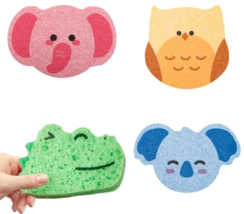 WOLMIK Baby Bath Sponges - 4 PCS Baby Sponges for Bath, Animals Shapes Natural Bath Massage Sponges for Newborns, Soft Bath Sponges Set for Kids, Baby Skin Bath Shower Sponges for Toddlers, Infants