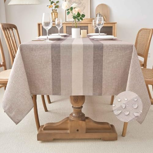 Kiatuniya Tovaglia Antimacchia 240 x 140 cm Marrone Strisce Autunnale Moderna Rettangolare Lavabile Impermeabile Effetto Lino Tovaglie per Cucina Ristorante Giardino Esterno Feste