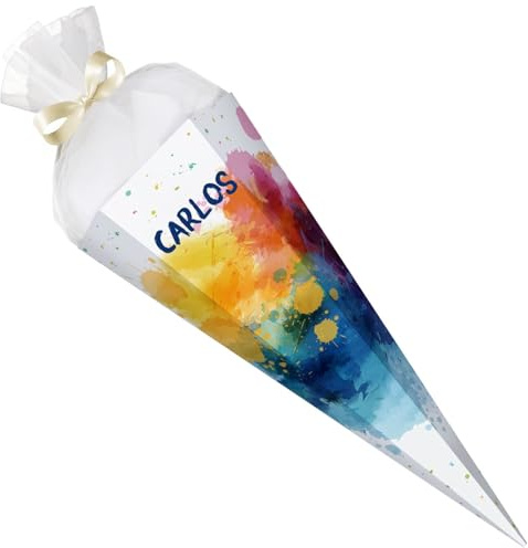 GRAVURZEILE - Cornet surprise imprimé - Color Splash - Personnalisé avec nom - Cadeau de rentrée des classes - Sac à sucre hexagonal pour garçons et filles - 61 cm avec fermeture en tulle - Couleur