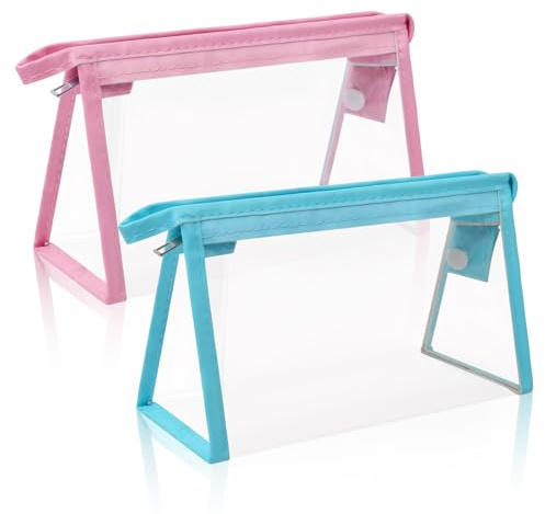 TIECHI 2PCS Clear Pencil Case for Exams, Waterproof PVC Transparent Pencil Case for Girls Boys, See Through Pencil Cases for Stationery School Make Up Toiletries, Pink&Blue