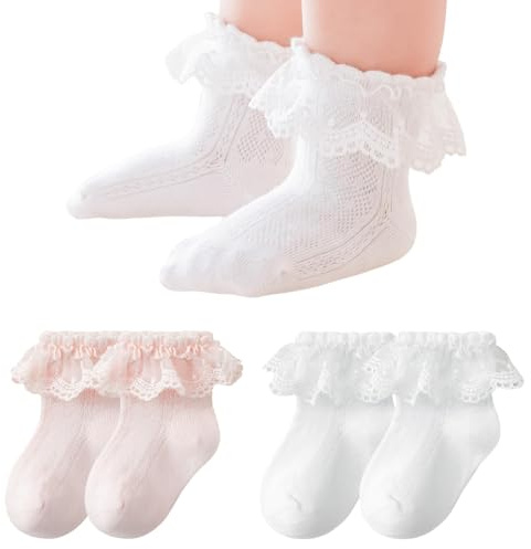 COYUN 2er Pack Rüschen Spitze Baby Mädchen Socken Schule Kleinkind Mädchen mit Rüschen Baumwolle Spitze Taufe Ösen Kleid Söckchen für Baby Kleinkind