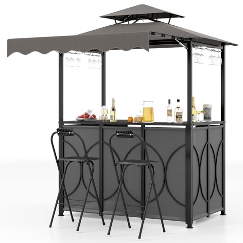 COSTWAY Grillpavillon mit Bar, 2 Barhockern, Gartenpavillon mit Doppeldach & Markise, 3-teiliges Bar-Set: 1 Tisch, 2 Barstühle, Metallregalen, Grillüberdachungen wetterfest, 193x117x240cm (Grau)