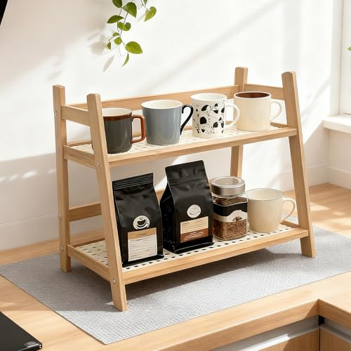 Organizer da cucina a 2 ripiani, in bambù, imitazione rattan, decorazione per cucina, portaspezie, cucina, armadio, cucina, organizer per tè, porta tazze, per soggiorno, ufficio (colore legno)