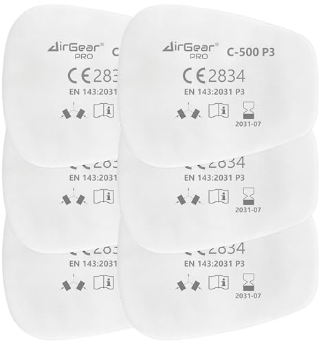 AirGearPro C-500 P3 Filters for Reusable Respirator Mask | Anti-Dust Respirator Filters Ideal for Painting, Woodworking, Construction, Sanding, Spraying, Chemicals, DIY etc