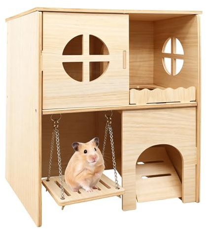 Maison à 2 étages pour cochons d'Inde avec escalier et balançoire, en bois, plate-forme de hamster, maison amovible pour chinchilla, hamster, lapin (22,5 x 15 x 28 cm)