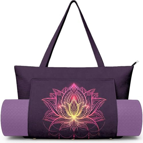 Adalore Women's Yoga Bag Carrier Carryall Canvas Tote Purple Lotus Pattern Yoga Mat Bags Carrier - Large Mat Pocket Fitness Tote for Pilates, Gym, Travel, Office & Beach
