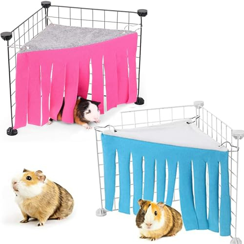 ToqoGeri 2 Pack Cute Guinea Pig Hideout & Hammock Set - Adorable Guinea Pig Hides & Play Den | Cozy Hideaway Corner Bed for Hamsters, Rabbits & Small Animals, Easy Install Guinea Pig House Pink+Blue