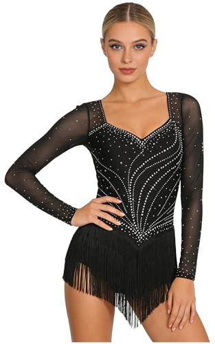 Kaerm Robe Danse Classique Femme Combinaison Dos Nu Gland Frange Tenue de Patinage Artistique Justaucorps Latine Jazz Tango Costume Compétition S-XXL