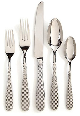 MACKENZIE-CHILDS 5-Piece Flatware Set, Cute Silverware Set with Salad Fork, Dinner Fork, Knife, Spoon, and Teaspoon, Check