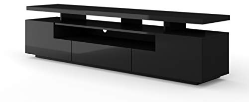TV Lowboard EVA 180x42x51 cm – Fernsehtisch modernes TV Möbel mit 2 Türen, 1 Schublade für Wohnzimmer - Hochglanz TV Tisch Sideboard doppelte Tischplatte (Schwarz Matt/Hochglanz ohne LED)