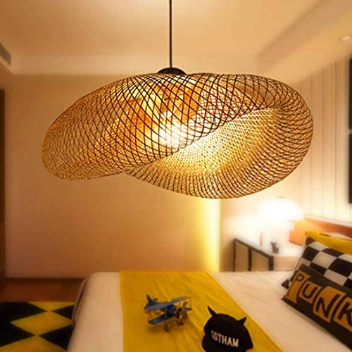 Pendellampa i trä, bambu-lykta i vintagestil, taklampa, retro, rund ljuskrona, handvävd lampskärm i rotting, för restaurang, vardagsrum, sovrum, kontor, dekorativ belysning, hängande lampa, E27, 80 cm