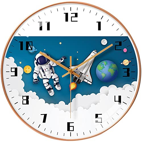 YHan 12 Inch Silent Wall Clock for Kids - Non-Ticking Space Theme Decor, Large Numbers & Planets Design - Battery Operated, Perfect for Bedroom, School, Boys Room (White)