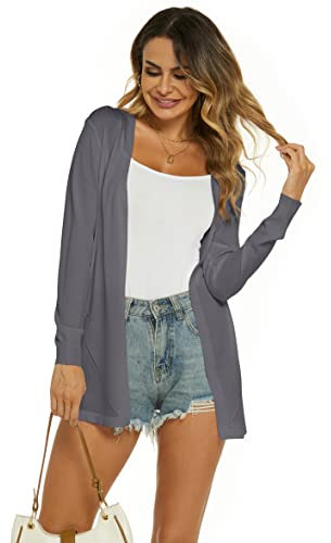 Ietaoo Damen Strickjacke Sommer Cardigan Elegant Lang Jacke Leichte Langarm Offene Strickjacke Sommerjacke Grau XXL